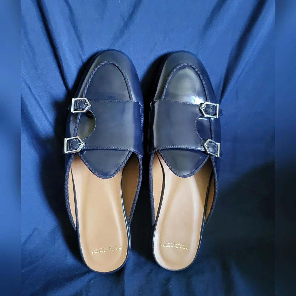 Superglamourous Women's Navy Polished Leather Monk-Straps Belgian Mules Size‎ 9